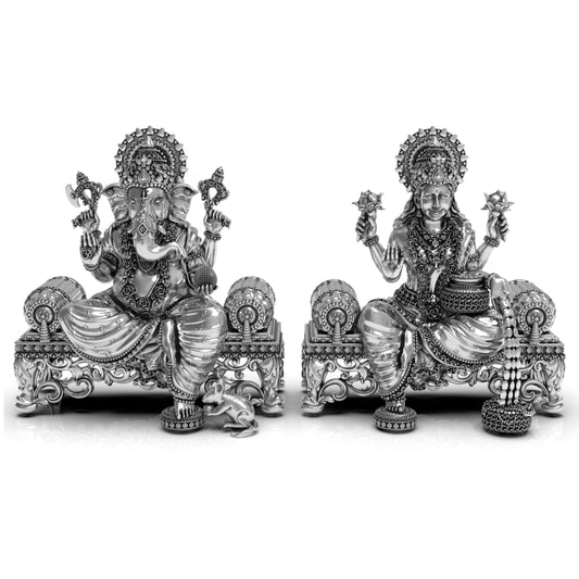 Silver Lakshmi & Ganesh with Singhsan  Statue